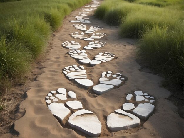 un chemin avec des empreintes dans le sable menant à un champ herbeux avec de l'herbe haute