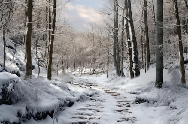 chemin enneigé dans les bois avec des arbres et de la neige sur le sol génératif ai