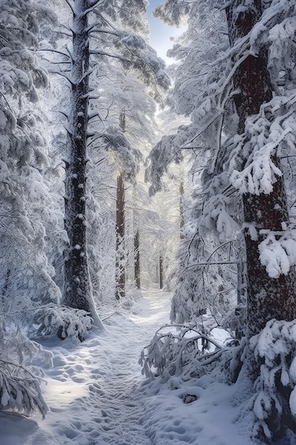 Un chemin enneigé dans la forêt avec de la neige au sol