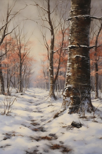 chemin enneigé forêt arbres neige herbe rose pâle historique technique naturaliste galerie de factures d'huile mate