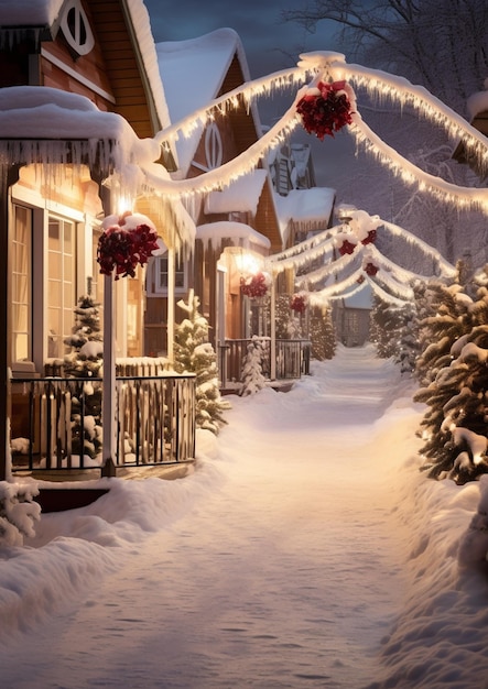 Chemin enneigé avec des lumières de noël et des décorations sur le côté des maisons ai générative