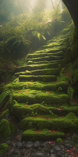 chemin d'escalier en pierre cascade couvert de trèfles shamrock IA générative