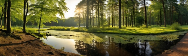 Un chemin est bordé d'arbres et d'eau