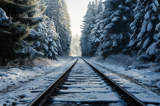 Chemin de fer dans la forêt d'hiver à feuilles persistantes