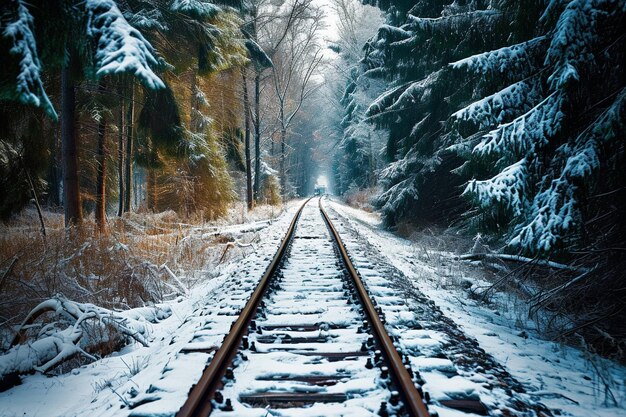 Le chemin de fer dans la forêt hivernale à feuilles persistantes