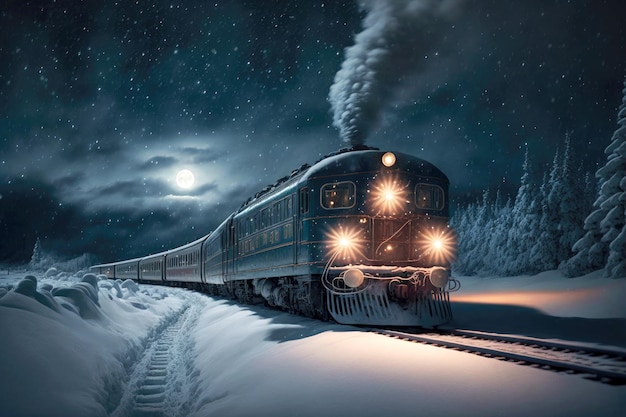 Chemin de fer nocturne d'hiver et train express polaire