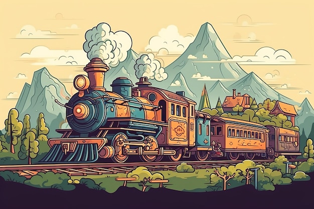 Chemin de fer pour enfants de dessin animé généré par AI avec un train et des wagons
