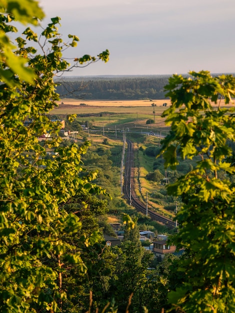 Le chemin de fer serpente au loin. Le chemin de fer a un flou de champ et de forêt.