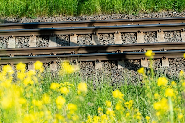 Chemin de fer et traverses en gros plan Un important échangeur ferroviaire près de la gare pour la logistique du trafic ferroviaire entre les villes le transport de fret