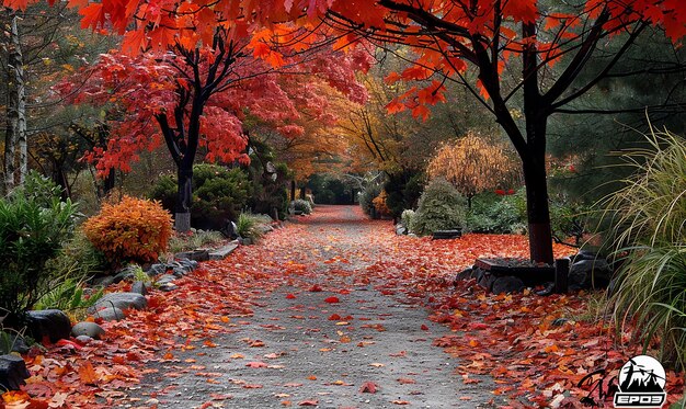 un chemin avec des feuilles qui sont dessus