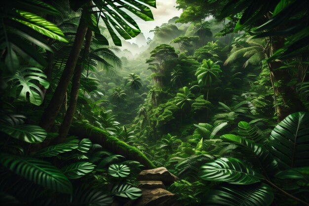 Chemin de fond de jungle luxuriante verte vers le fond de papier peint de forêt verte avec IA générative