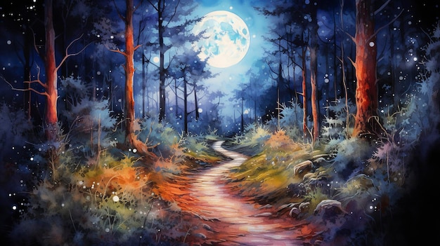 Chemin forestier au clair de lune aquarelle