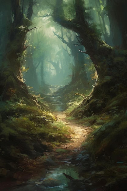 Un chemin forestier avec un chemin qui mène au soleil