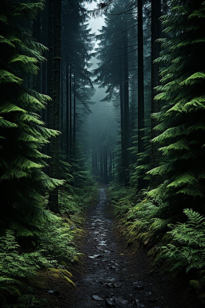 un chemin forestier dans le brouillard