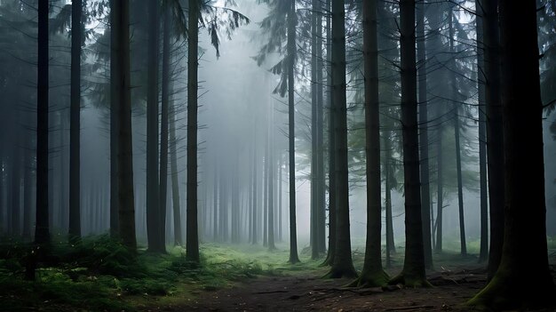 Un chemin forestier dans le brouillard