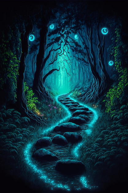 Chemin forestier magique avec des lucioles rougeoyantes Forêt fantastique nocturne Paysage forestier