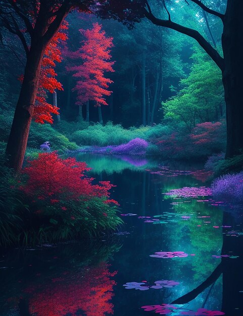 Chemin forestier magique avec des lucioles rougeoyantes Forêt fantastique nocturne Paysage forestier