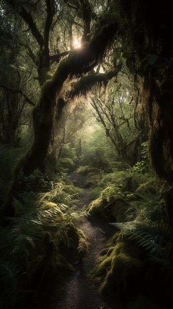 Un chemin forestier avec de la mousse et des fougères