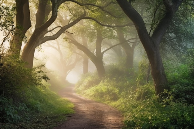 Un chemin forestier avec un soleil qui brille à travers les arbres