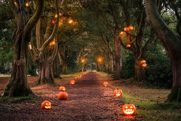 Le chemin de la forêt, les citrouilles, l'ancien cercle d'Halloween.