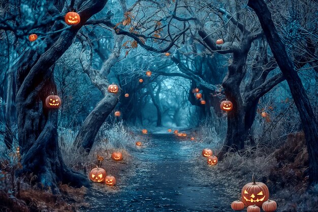 Le chemin de la forêt, les citrouilles, l'ancien cercle d'Halloween.