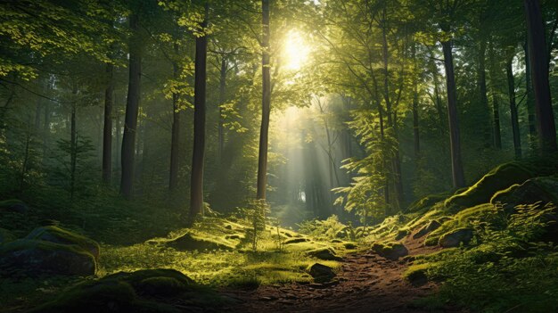 un chemin de forêt le matin avec le soleil qui brille à travers les arbres.