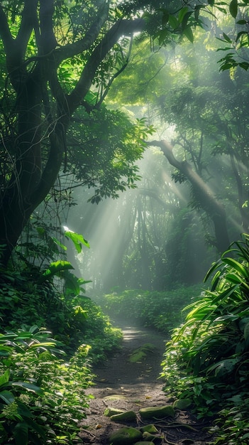 Un chemin de forêt prend vie avec la lumière éthérée du matin perçant à travers le feuillage créant une atmosphère magique et sereine