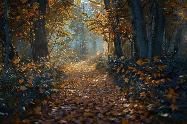 Un chemin de forêt tranquille tapissé de feuilles tombées