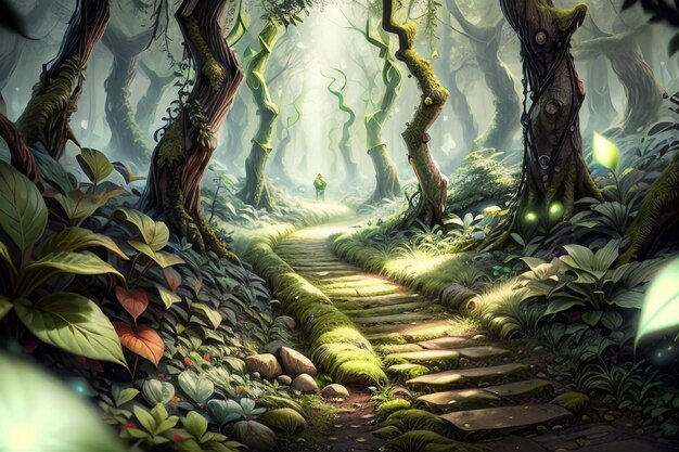 Chemin et grand arbre dans la forêt primitive nature paysage papier peint illustration de fond