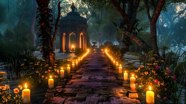 Un chemin de jardin enchanté éclairé par des bougies au crépuscule