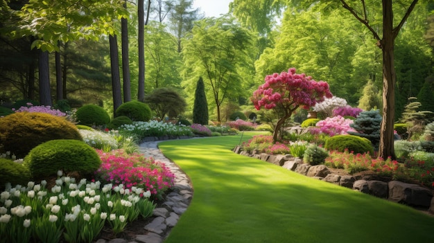 un chemin de jardin avec un sentier de jardin et un grand arbuste avec des fleurs roses