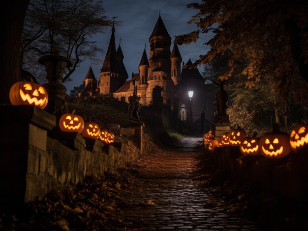 Chemin des lanternes citrouilles vers un ancien château