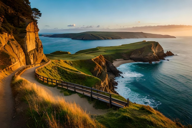 Un chemin le long de la côte au coucher du soleil