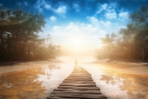 Un chemin menant à l'eau avec le soleil qui brille dessus