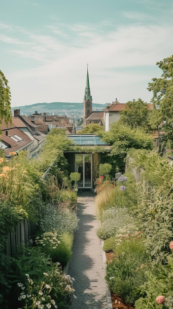 Un chemin menant à une église avec une église en arrière-plan