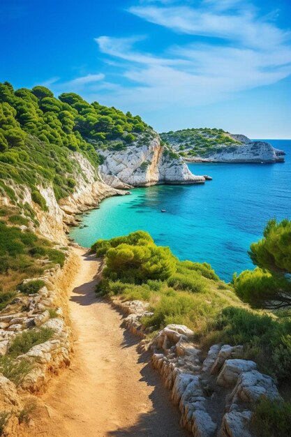 Photo un chemin menant à une falaise qui a une plage et une falaise avec une vue sur elle