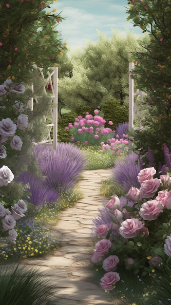 Un chemin menant à un jardin fleuri
