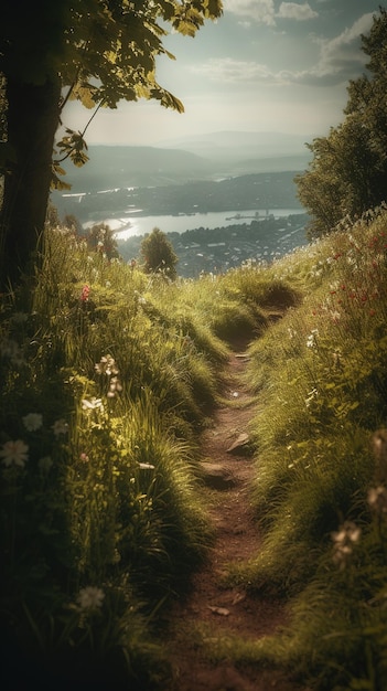 Un chemin menant à un lac avec vue sur les montagnes en arrière-plan.