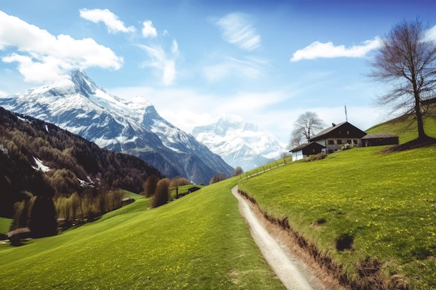 Un chemin menant à une montagne enneigée