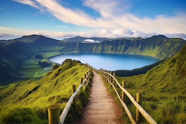 un chemin menant à une montagne avec une vue sur un lac et des montagnes en arrière-plan