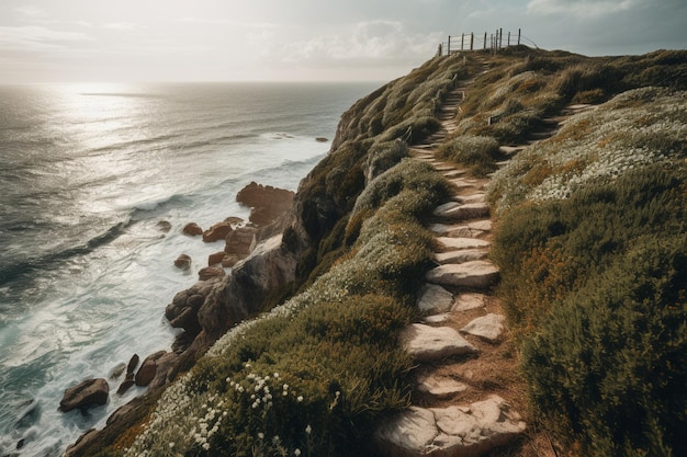 Un chemin menant à l'océan avec une clôture sur le dessus.