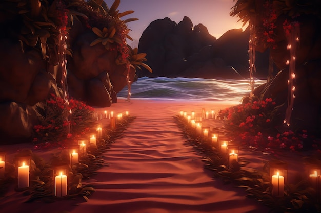 Un chemin menant à une plage avec des bougies allumées.