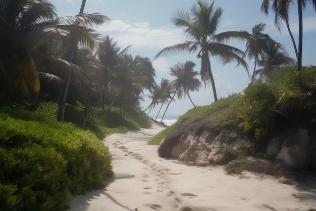 Un chemin menant à une plage avec un palmier en arrière-plan