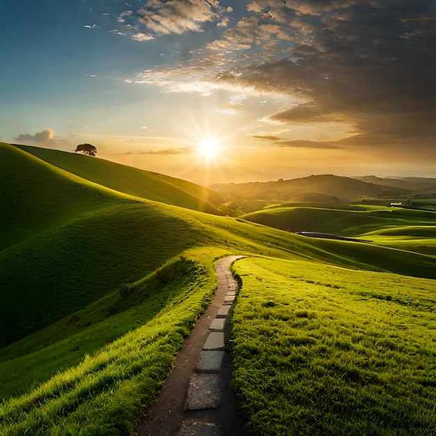 Un chemin mène à une colline verdoyante avec un coucher de soleil en arrière-plan.