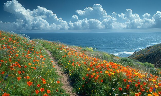 Photo un chemin mène à une falaise avec des fleurs sauvages et une vue sur l'océan