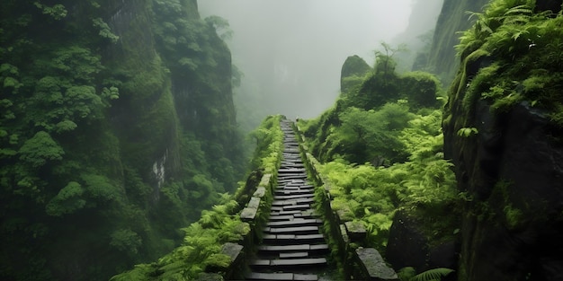 Un chemin de montagne serein menant à un temple caché couvert d'une verdure luxuriante avec des sommets brumeux en arrière-plan