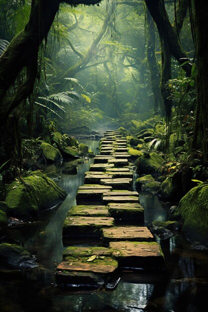 Un chemin mystique à travers une forêt tropicale luxuriante