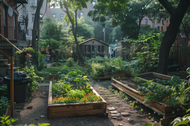 Chemin ombragé à travers une oasis de jardin urbain avec des lits surélevés remplis d'herbes fraîches et de légumes