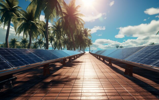 Photo le chemin des panneaux solaires le long d'un sentier en bois