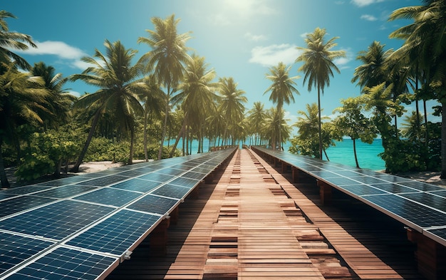 Photo le chemin des panneaux solaires le long d'un sentier en bois